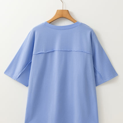 Sky Blue Flower Patched Exposed Stitching Trim Crew Neck Loose Tee