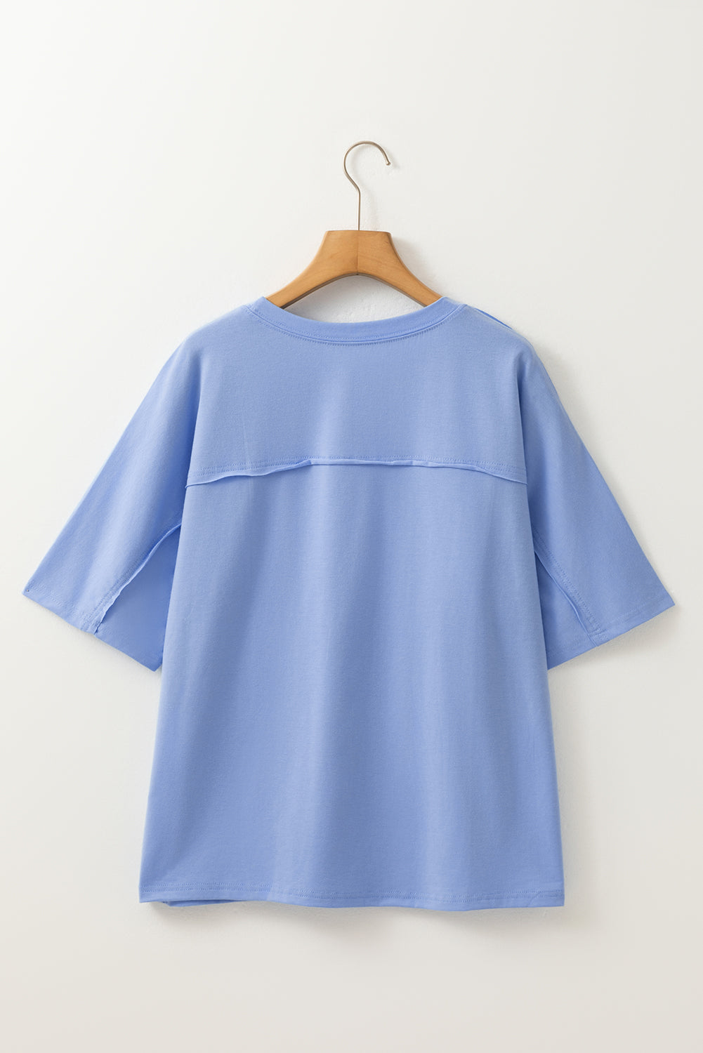 Sky Blue Flower Patched Exposed Stitching Trim Crew Neck Loose Tee