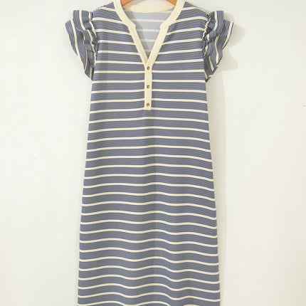 Blue Stripe Plus Size Contrast Trim Button V Neck Ruffle Sleeve Shift Dress