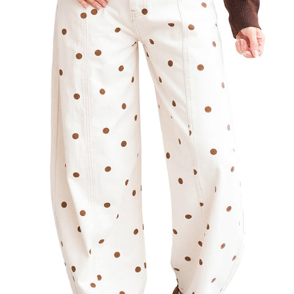Beige Polka Dot Print Plus Size Barrel Jeans