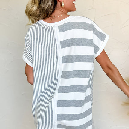 Gray Stripe Mixed Printed Short Sleeve Shift Mini T Shirt Dress