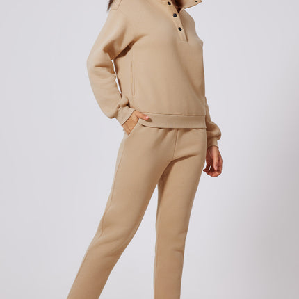 Parchment Solid Half Button Sweatshirt and High Waist Sweatpants Set
