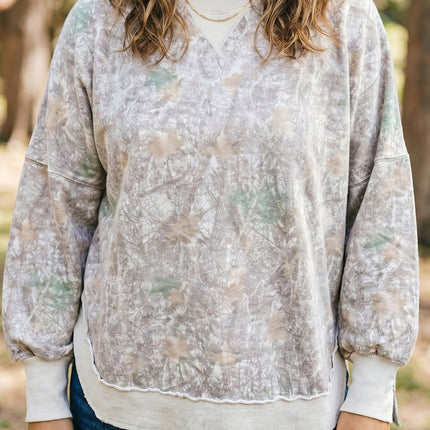 Khaki Camouflage Print Round Neck Long Sleeve Shift Plus Size Sweatshirt