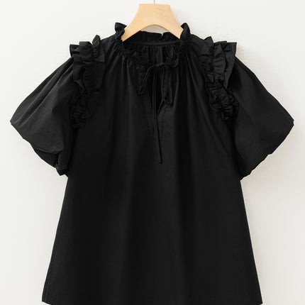 Black Ruffled Puff Short Sleeve Loose Blouse