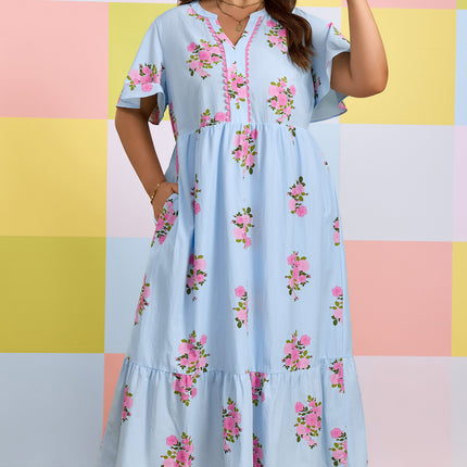 Sky Blue Plus Size Floral Print Scalloped Trim V-Neck Dress