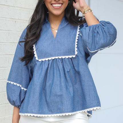 Dusk Blue Lace Ric Rac 3/4 Puff Sleeve Collared Babydoll Blouse