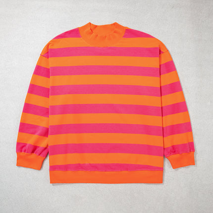 Blue Stripe Ribbed Trim Stand Neck Dropped Shoulder Plus Size Sweatshirt