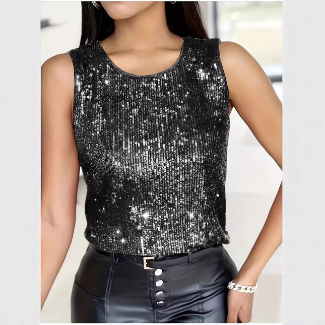 Womens Plus-Size Solid-Colored Sequin Crew-Neck Sleeveless Tank Top