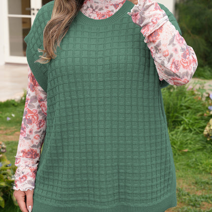 Mist Green Plus Size Solid Color Textured Knit Short Sleeve Sweater