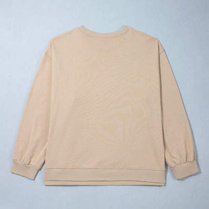 Coffee PRAY Letter Patchwork Round Neck Long Sleeve Plus Size Sweatshirt