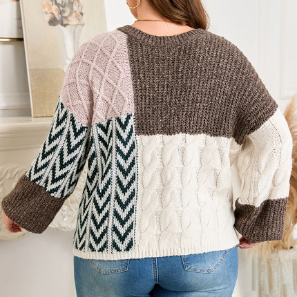 Brown Plus Size Color Block Patchwork Knotted Back Loose Fit Sweater