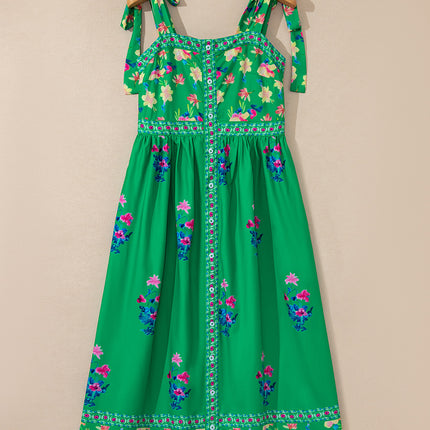 Green Floral Print Contrast Trim Knotted Straps Midi Dress