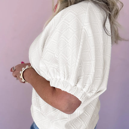 White Contrast Striped Collar Patchwork Textured Half Sleeve Blouse