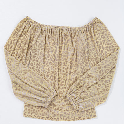 Beige Leopard Velvet Burnout Off Shoulder Long Sleeve Blouse