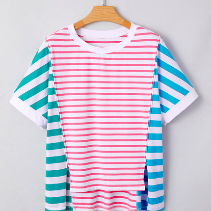 Pink Stripe Mixed Pattern Patchwork Uneven Hem Loose Tee