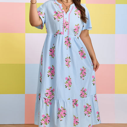 Sky Blue Plus Size Floral Print Scalloped Trim V-Neck Dress