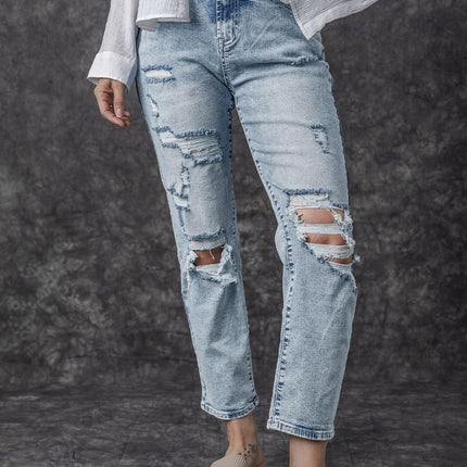 Sky Blue Light Wash Frayed Slim Fit High Waist Jeans