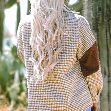 Khaki Houndstooth Color Contrast Textured Patchwork Loose Shacket