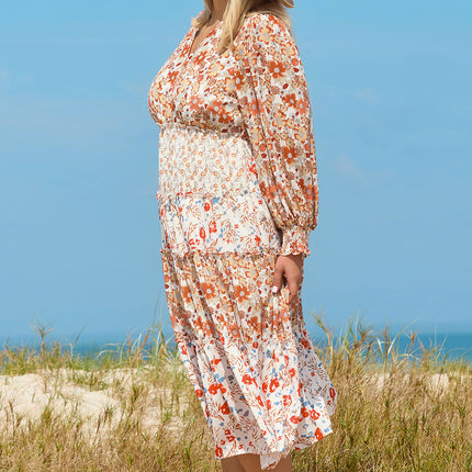 Khaki Plus Size Floral Tiered Ruffle Maxi Dress