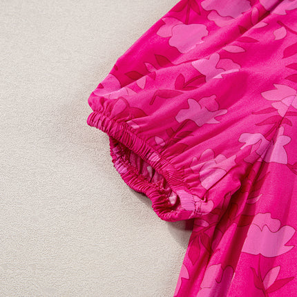 Rose Red Floral Print Pleated Drawstring Flowy Midi Dress
