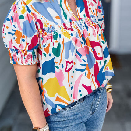 White Abstract Print Shirred Cuff Puff Sleeve Plus Size Blouse