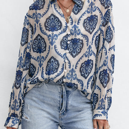 Blue Tribal Pattern Buttoned Front Loose Shirt