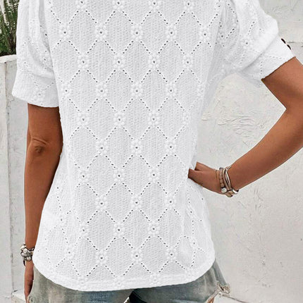 White Flower Geometric Textured Button Short Sleeve Top