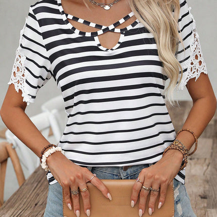 Black Stripe Cross Straps Hollowed Neck Lace Splicing Short Sleeve Blouse