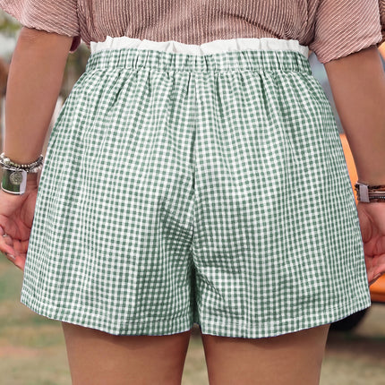 Pink Contrast Trim Plaid Print Plus Size Shorts