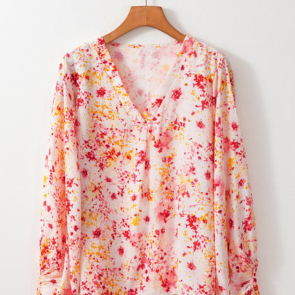 Pink Ditsy Floral Bubble Sleeve V Neck Blouse