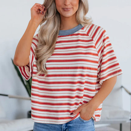 Tomato Red Stripe Print Contrast Collar Raglan Sleeve T Shirt