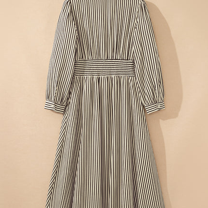Black Stripe V Neck Zip Front Cinched High Waist Midi Dress