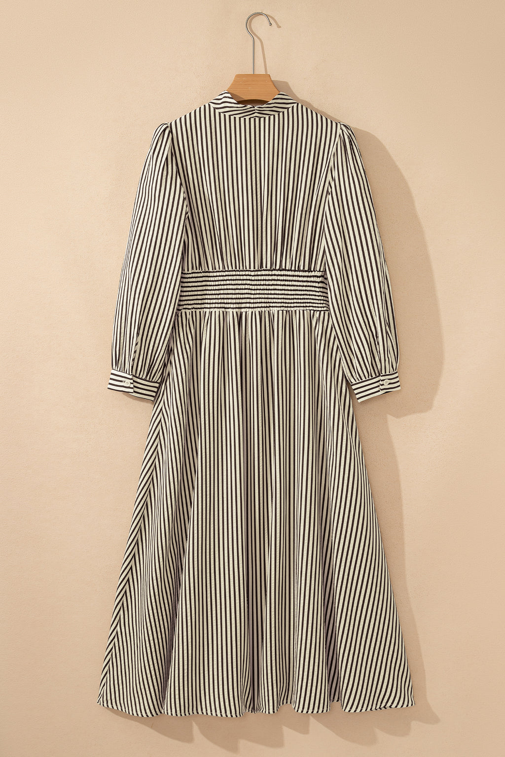 Black Stripe V Neck Zip Front Cinched High Waist Midi Dress