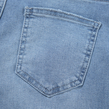 Dusk Blue High Rise Asymmetric Button Zip Fly Ripped Jeans