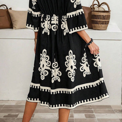 Black Western Geometric Print 3/4 Sleeve Loose Midi Dress