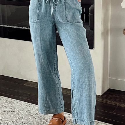 Myosotis Mineral Wash Drawstring Elastic Waistband Loose Straight Denim Pants