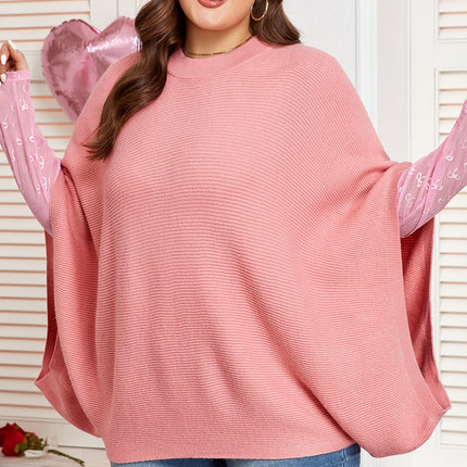 Light Pink Ribbed Knit Half Sleeve Plus Size Poncho Style Sweater