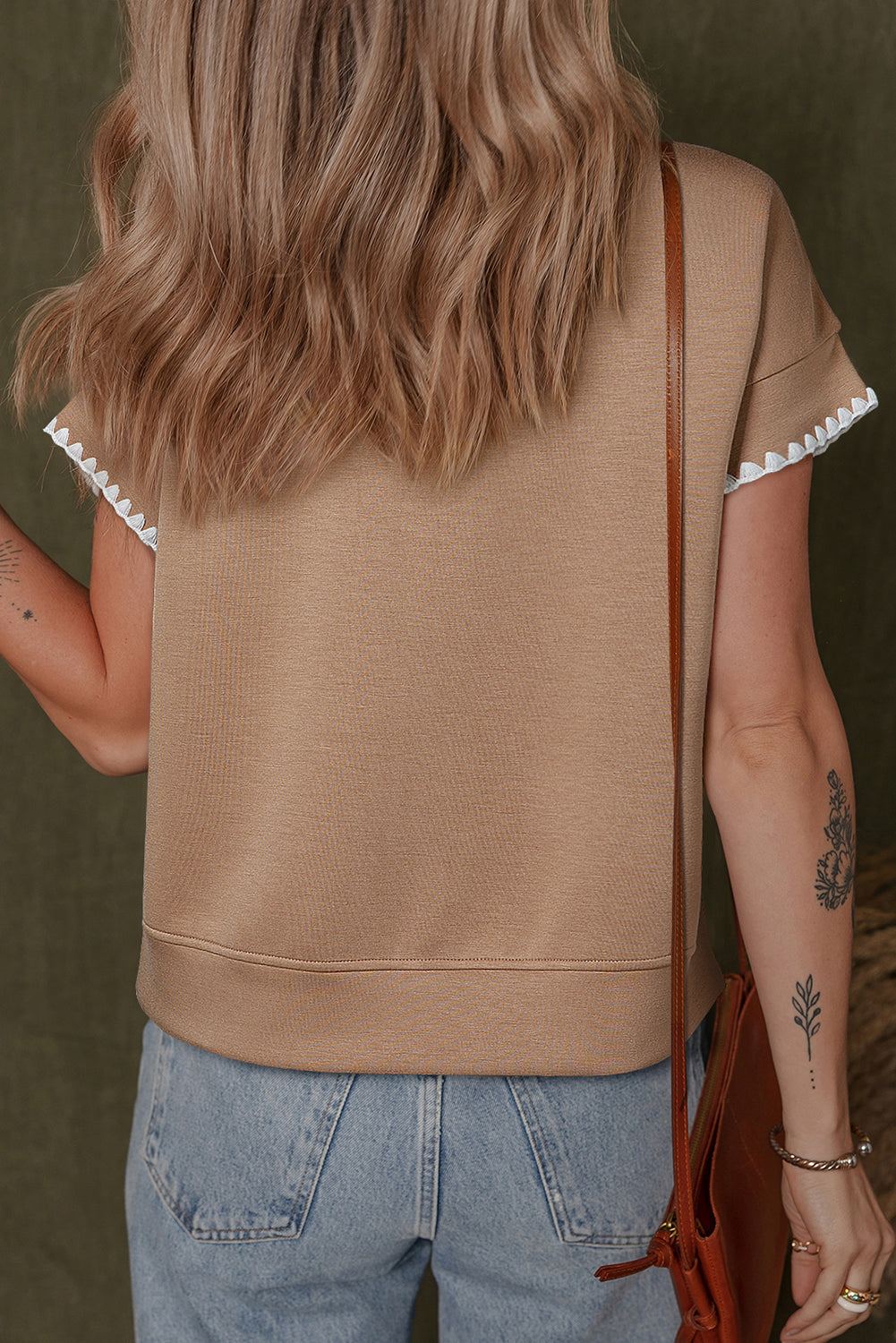 Straw Yellow Ric Rac Color Contrast Ribbed Edge Crewneck T Shirt