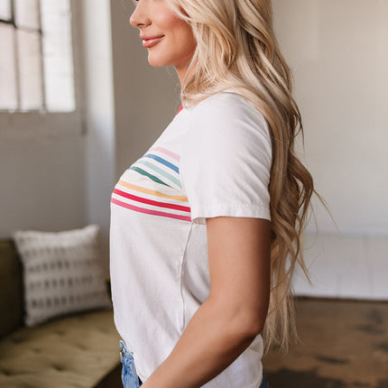 White Rainbow Stripe Print Contrast Crewneck T Shirt