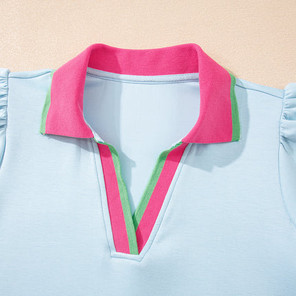 Beau Blue Color Contrast Ruffled Sleeve Collared V Neck Blouse