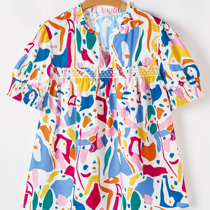 White Abstract Print Shirred Cuff Puff Sleeve Plus Size Blouse