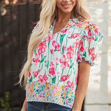 Pink Floral Print Striped Detail Split Neck Short Sleeve Blouse