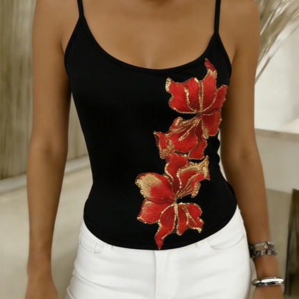 Chic Slim-Fit Solid-Color Beaded Embroidery Camisole