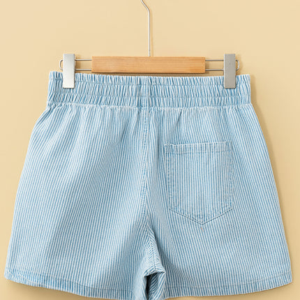 Sky Blue Stripe Plus Size Contrast Drawstring Elastic Waist Denim Shorts