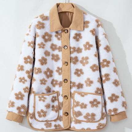 Light French Beige Cute Flower Pattern Button Up Fleece Jacket