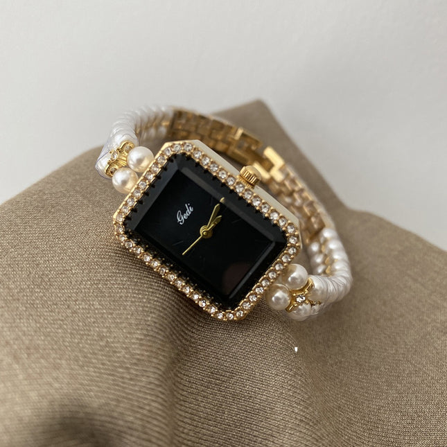 Silver Black Square Pearl Bracelet Diamond Fashion Quartz Watch