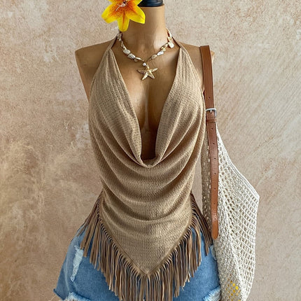 Neck Hanging Sleeveless Maxi Backless Tie Up Top