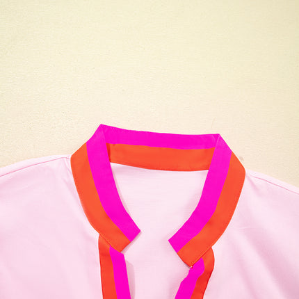 Pink Contrast Striped V Neck Collision Short Puff Sleeve Blouse