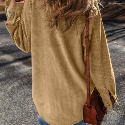 Light French Beige Patched Pocket Button Up Corduroy Shacket
