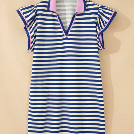 Dark Blue Striped Shift Dress Colorblock V Neck Short Sleeve Casual Summer